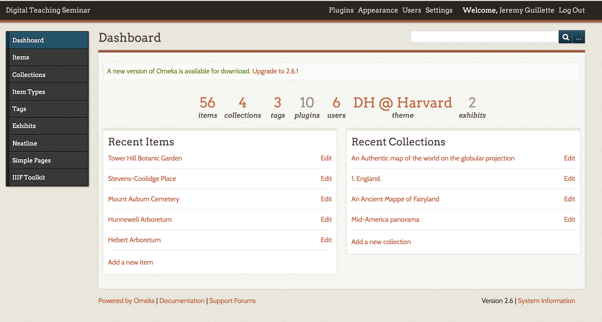 A screenshot of the admin interface of an Omeka website
